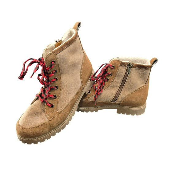 Tan Ridge Womens Lace-Up Ankle Boots Red Laces Side Zippers 7M Faux Suede JJ3906 - Picture 11 of 13